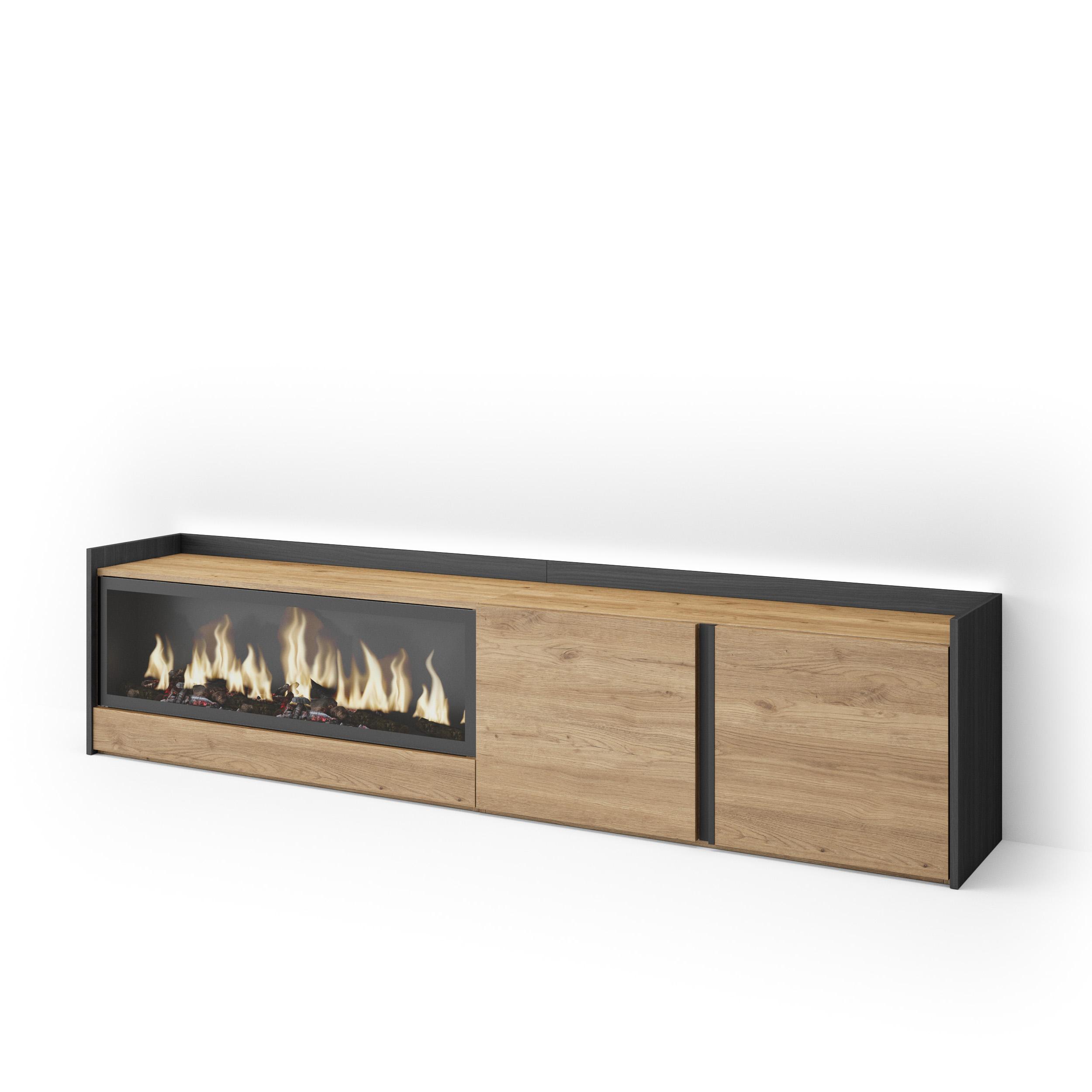 Mueble TV, Televisión, 212x35x50cm, Para TV hasta 80", Chimenea eléctrica XXL, LED
