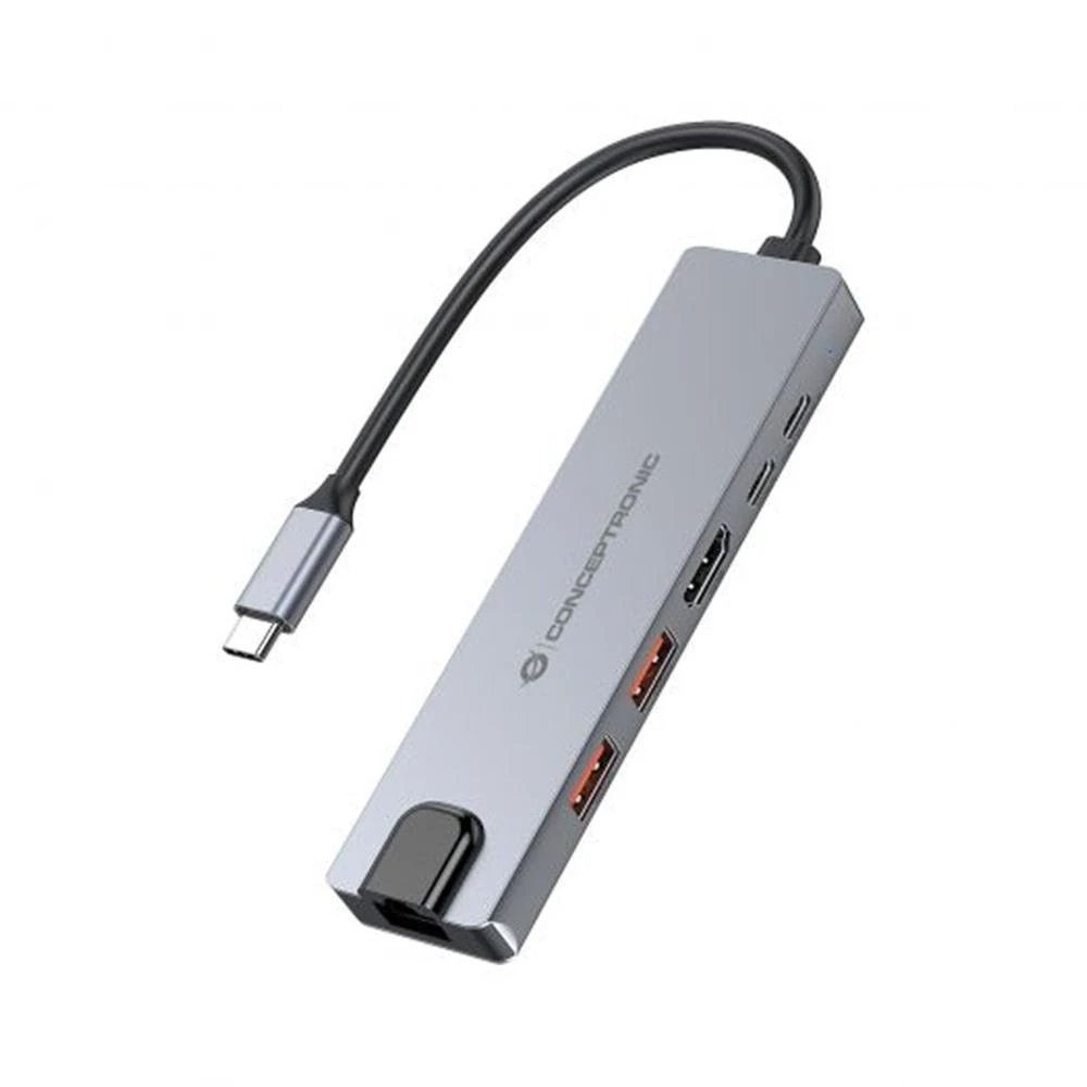 HUB Switch puertos USB Tipo C 6 en 1, HDMI, RJ45, Ethernet CONCEPTRONIC DONN29G | Conector USB-C macho, USB-A 10Gbps, USB-C 10Gbps, Gris