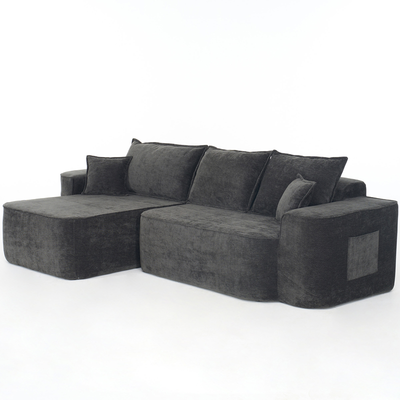 Canapé d’angle noir en chenille style nuage avec méridienne et assise profonde