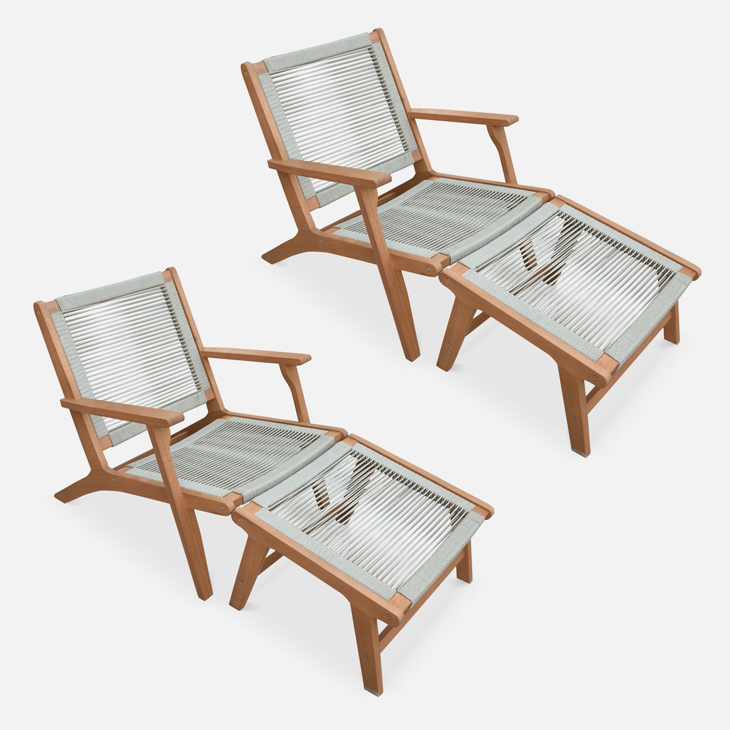sweeek - Silla de jardín de madera y cuerda con reposapiés, set de 2 , Cuzco x2 , 66x81x71