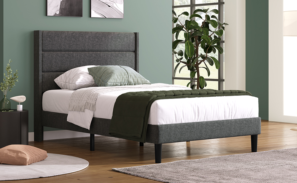 Lit simple rembourré gris foncé 90 x 200 cm en tissu lin avec tête de lit et sommier à lattes