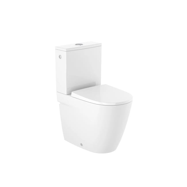 Inodoro de tanque bajo salida dual y diseño adosado a pared en acabado blanco Ona Rimless de Roca