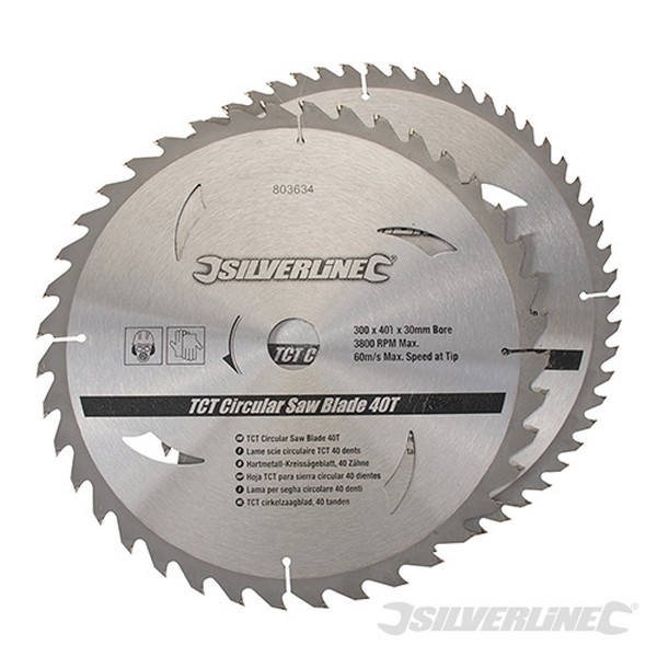Discos de TCT para sierra circular 40 y 60 dientes. 2 pzas (300 x 30 - anillos de 25. 20 y 16 mm) Silverline T0S803634