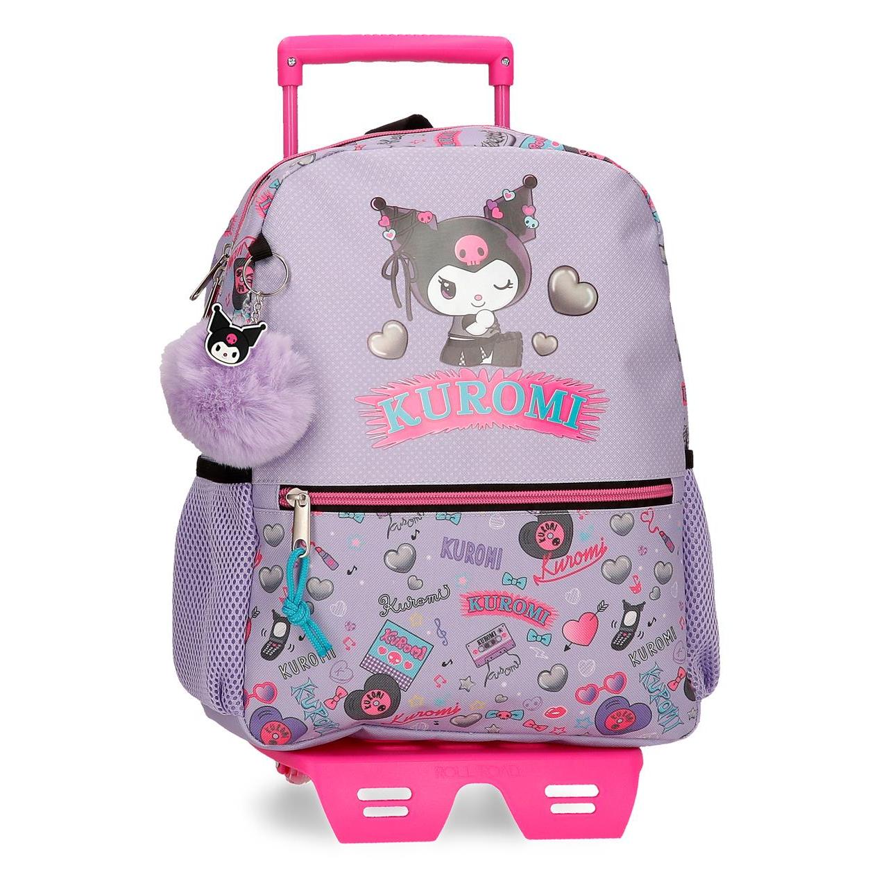 Mochila escolar con carro Kuromi Retropop 27x33x11cm Morado