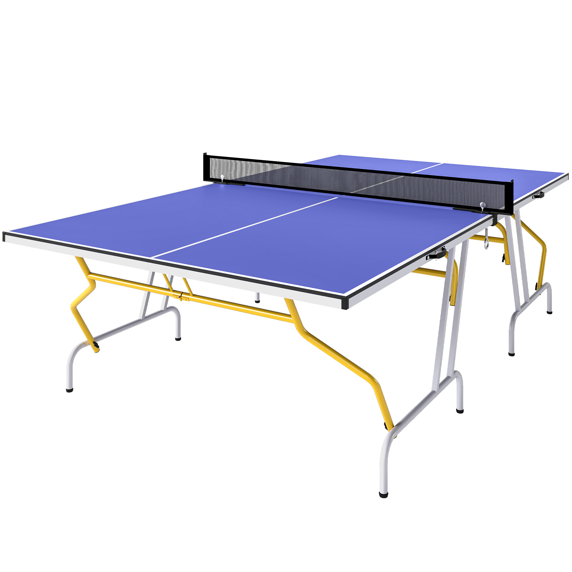 SPORTNOW Mesa de Ping-Pong Plegable Mesa de Tenis de Mesa Diseño Compacto con Red Reposapiés Ajustables y Marco de Acero para Interior 274x152,5x76 cm Azul