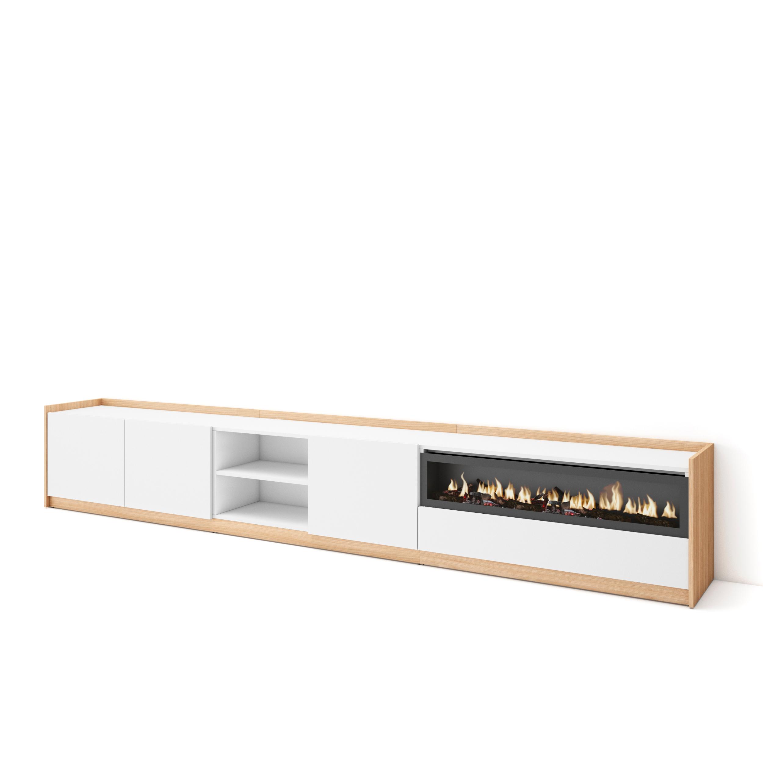 Skraut Home, Mueble TV, Televisión, Muebles de salón, almacenaje, 310x37x50 cm, Para TV hasta 80", Chimenea eléctrica