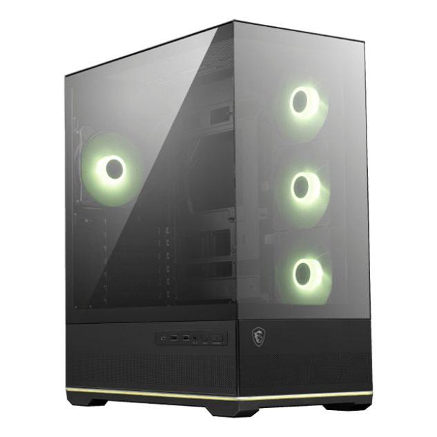 MSI - Caja de PC MAG PANO 110R PZ para gaming, torre Midi con panel lateral de vidrio templado, refrigeración avanzada (3 ventiladores laterales + 1 trasero), compatible ATX/microATX/Mini-ATX, color negro