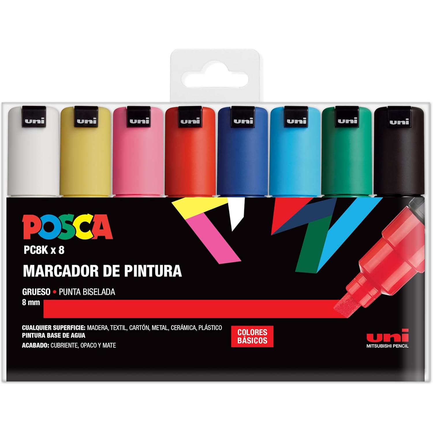 UNI Posca Estuche de 8 Rotuladores POSCA PC8k de Punta Biselada colores BÁSICOS
