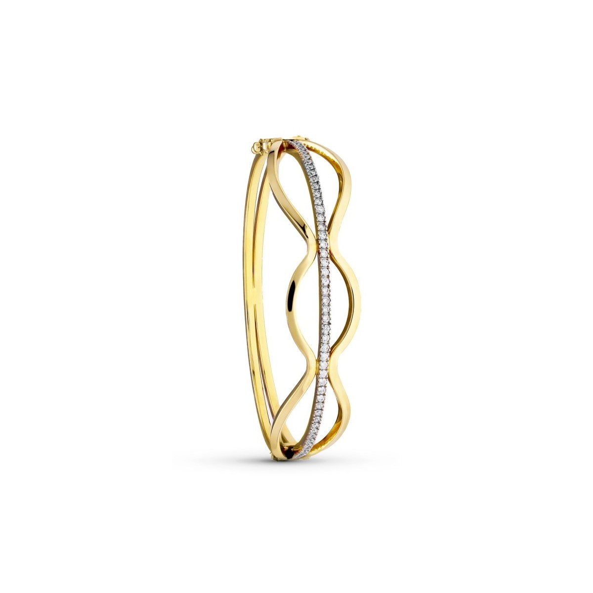 Pulsera rígida oro bicolor 18k mujer formas onduladas combinadas barra horizontal circonitas
