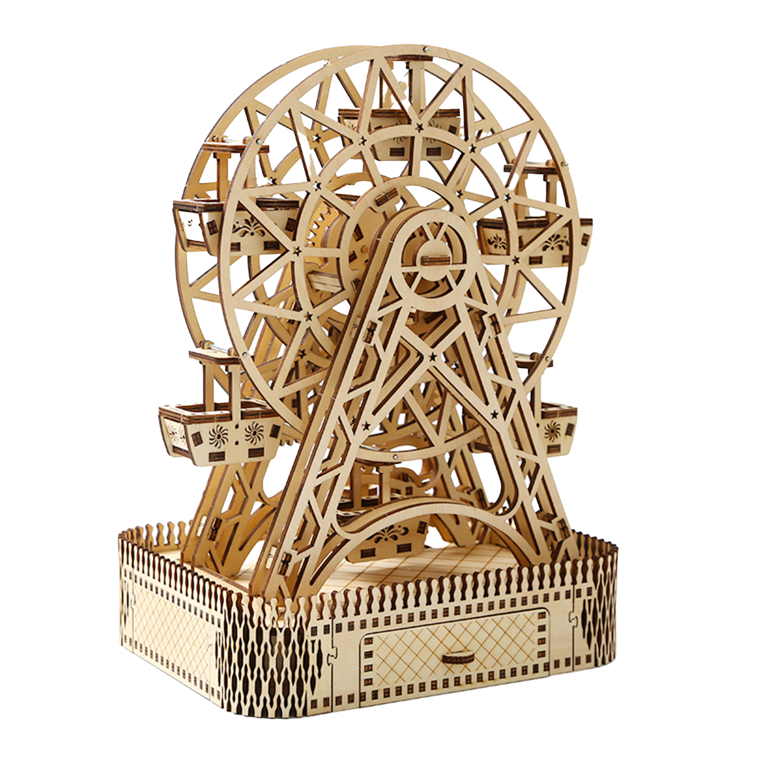 DAM. Maqueta de Madera 3D, diseño de Noria con movimiento mecánico y música. 207 piezas. 22x18x30cm.