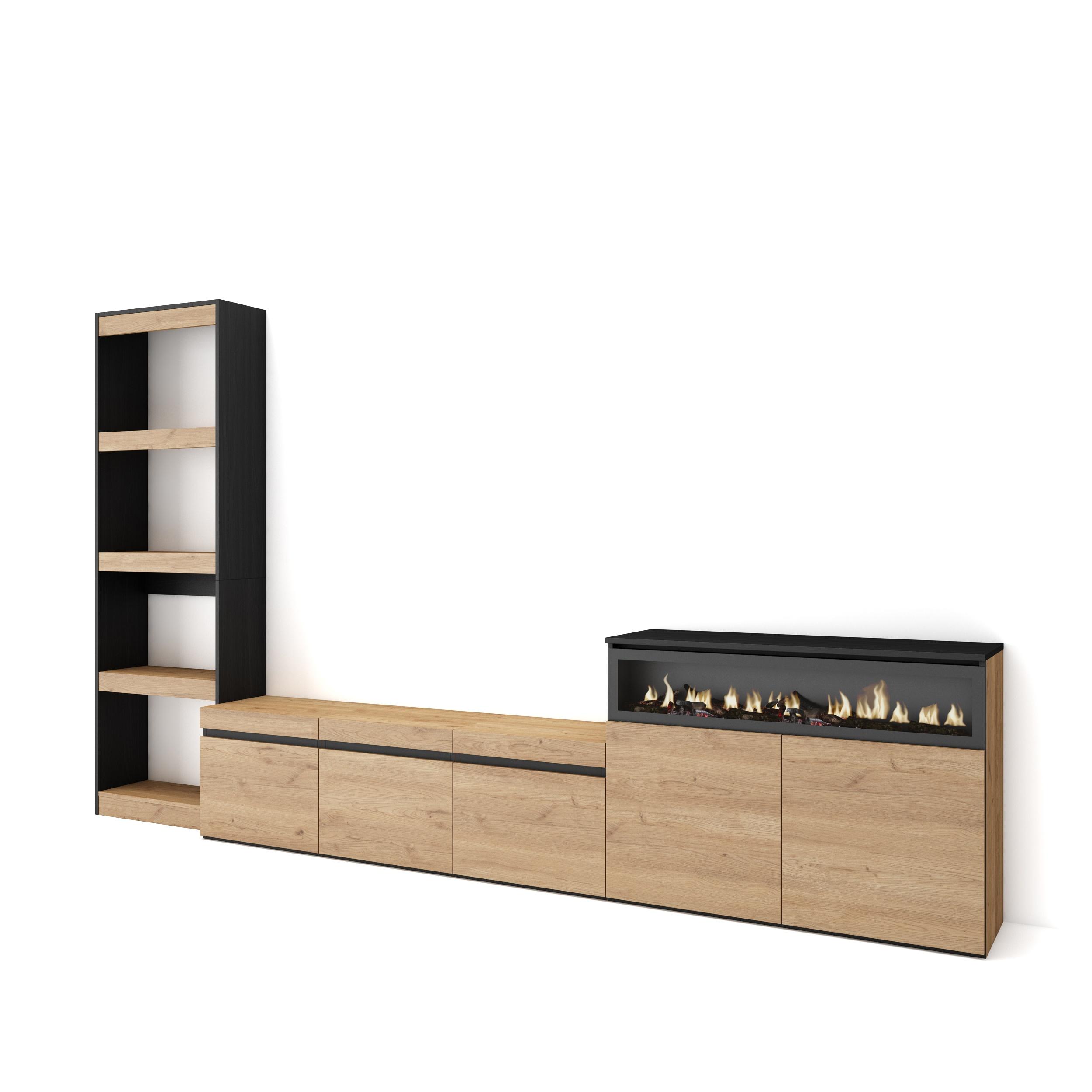 Skraut Home, Conjunto de muebles de Salón, Estantería, Mueble TV con tres puertas, Aparador con dos puertas y Fuego led efecto 3d, 310x35x186cm