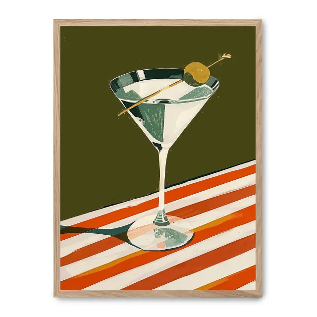 Cuadro martini 30x40cm, Póster impreso en papel de primera calidad de 180gr, montado sobre marco de madera MDF acabado roble., Cocina - Bebidas
