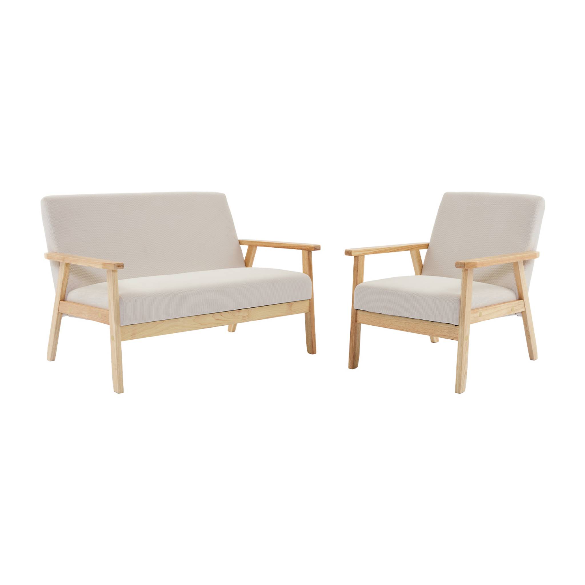 Sofá de 2 plazas y sillón de pana con patas de madera