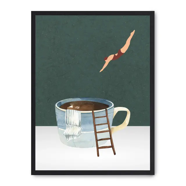 Cuadro jump to the coffee 30x40cm, Póster impreso en papel de primera calidad de 180gr, montado sobre marco de madera MDF acabado en negro., Cocina - Bebidas
