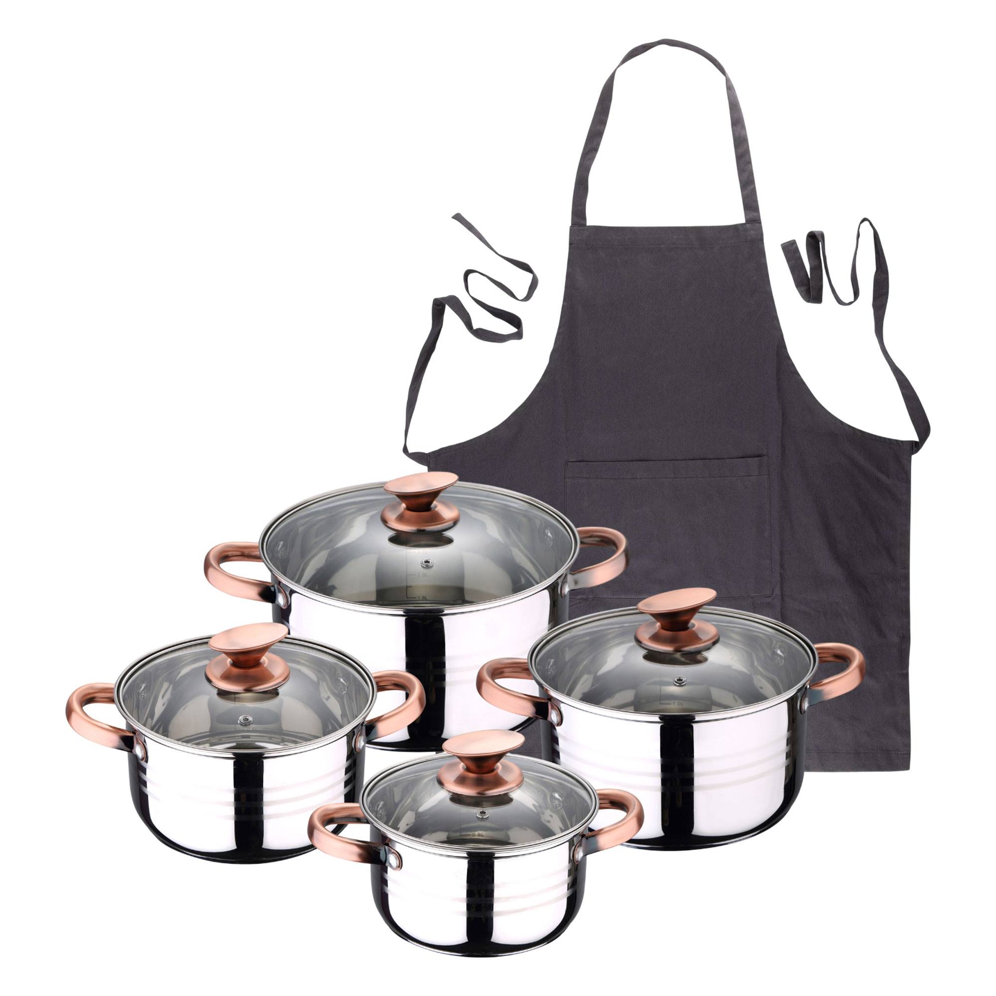 Bateria 8pc acero inoxidable apta para inducción Colección San Ignacio Premium +  Delantal de Cocina Gris oscuro 100% Algodón 75x80cm