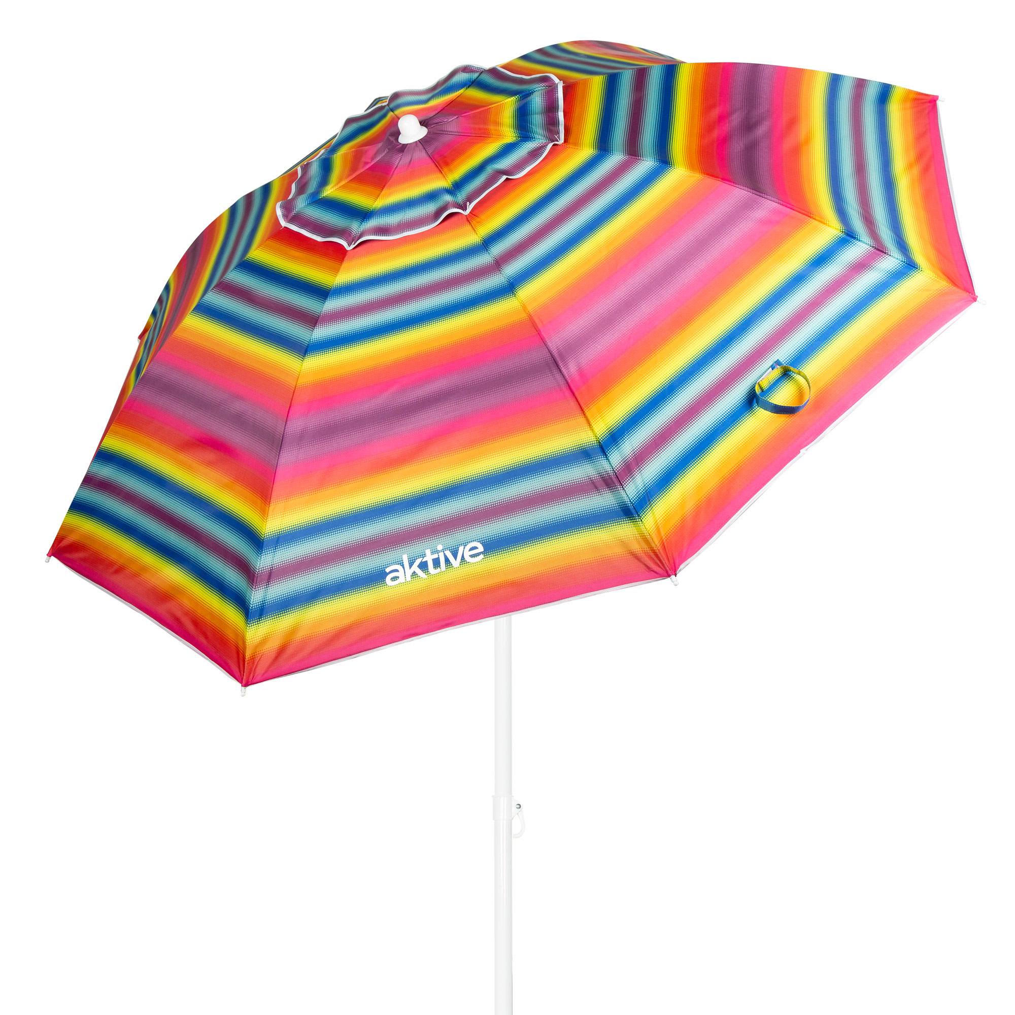 Aktive - Sombrilla de playa, antiviento, diseño de rayas multicolor, 8 varillas de fibra de vidrio, protección UV50, revestimiento plateado, mástil de metal, sistema de inclinación, ventilación Max+Air, funda de transporte