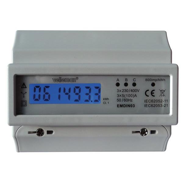 Velleman Medidor de kWh profesional, 1 fase, para el montaje de riel DIN, con pantalla LCD y LED de pulso, máx. 100 A