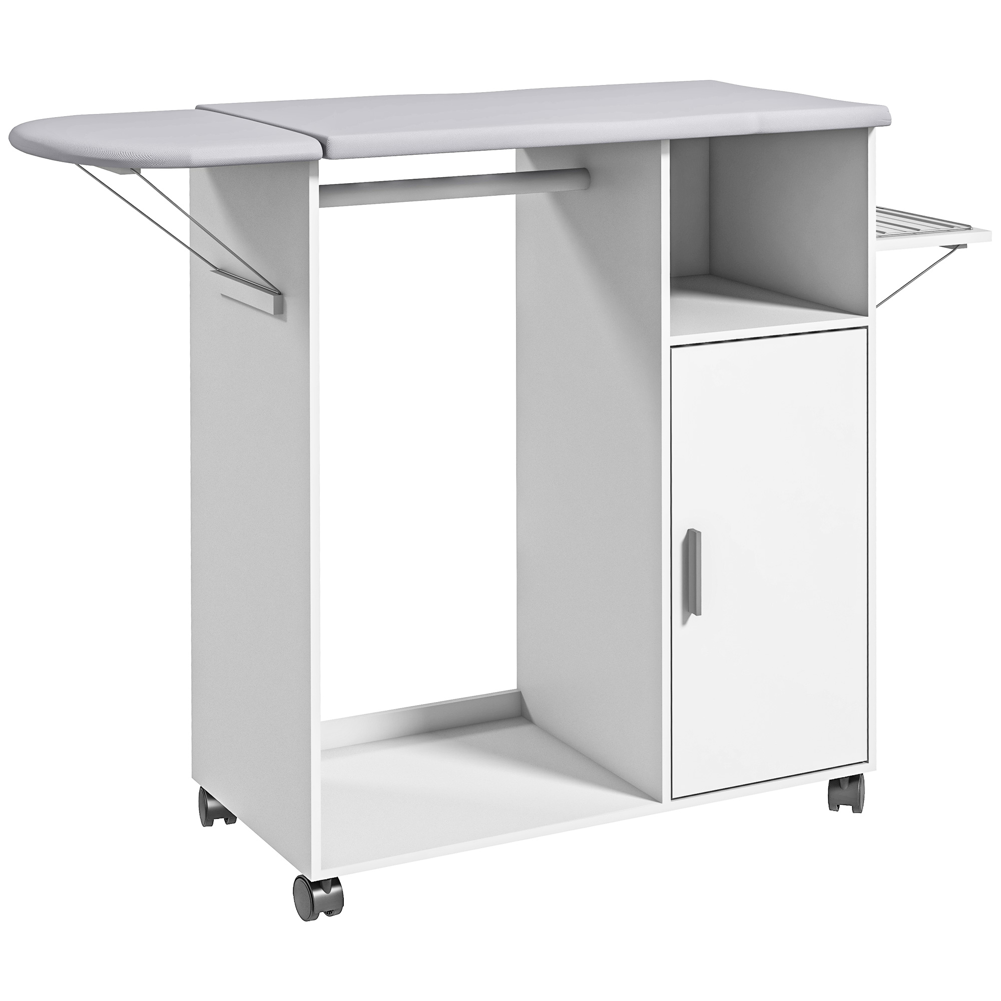 HOMCOM Mueble de Planchar de Madera Mueble de Planchado Tabla de Planchar Plegable con Ruedas Barra para Colgar Ropa Estante Abierto Estantes Ajustables para Sala Dormitorio 127x42,5x99 cm Blanco