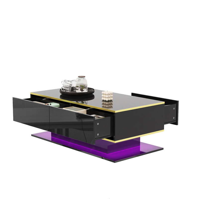 Table basse LED noire et dorée 100 cm avec finition brillante, trois tiroirs et rangement ouvert