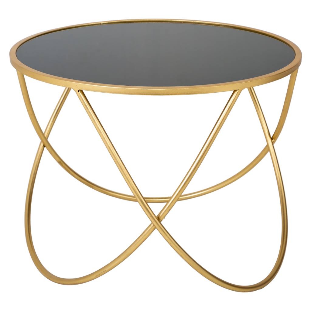 WANDERLUST DECO Mesa auxilar redonda de metal dorado con superficie de cristal d60x45h cm.Tiene 1 puerta