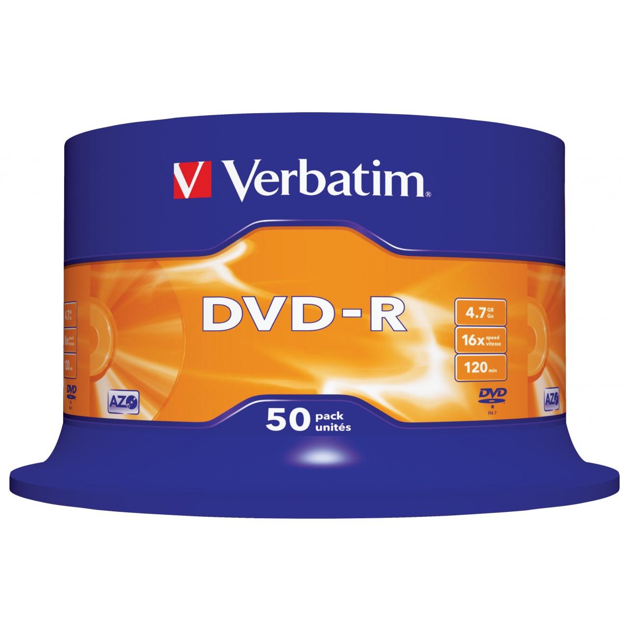 Verbatim - Disco DVD-R 43548 de 4,7 GB con tecnología Advanced AZO para grabaciones fiables hasta 120 minutos, velocidad 16x, empaquetado en spindle de 50 unidades