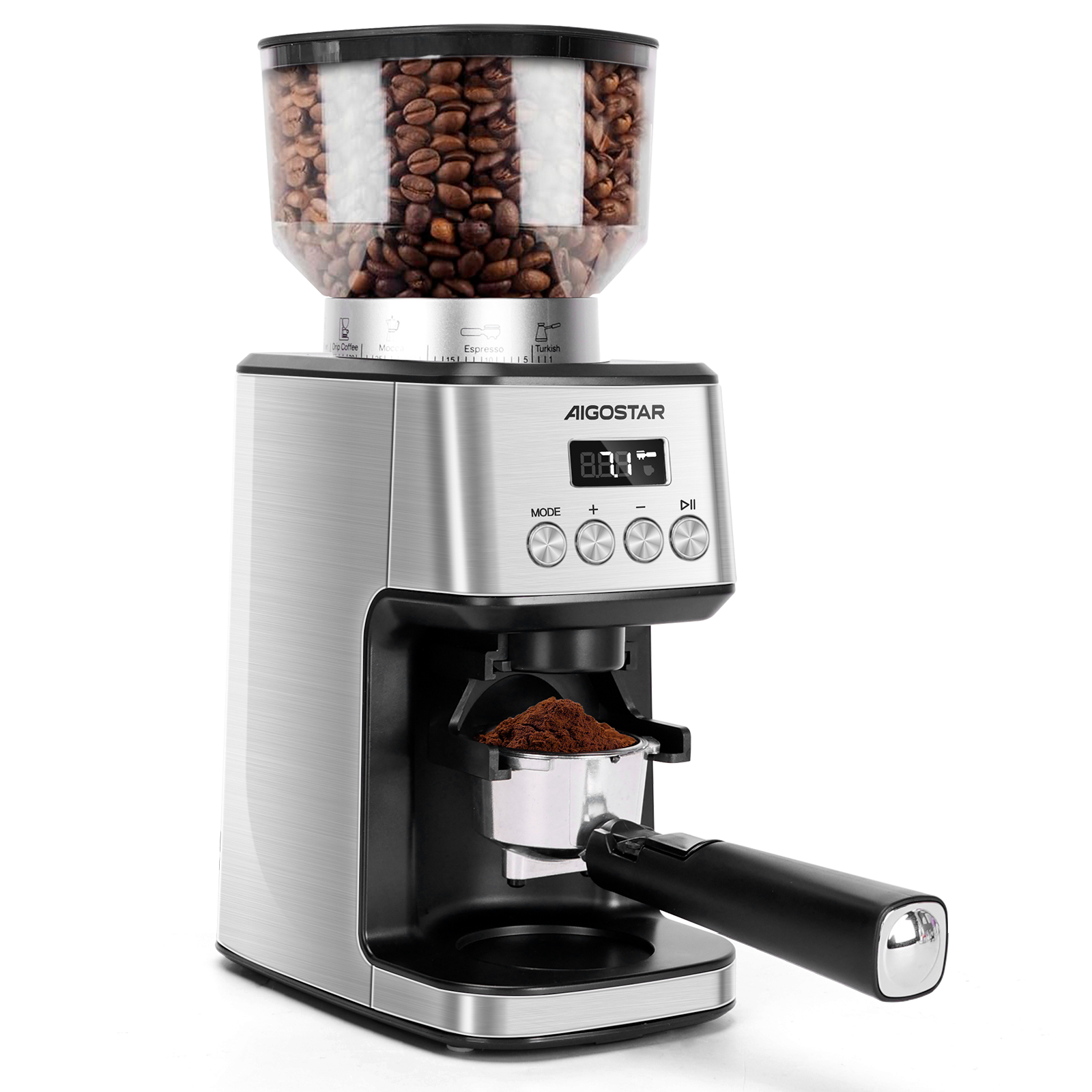 AIGOSTAR Molinillo de Café Eléctrico con Soporte Desmontable y Contenedor_ 180W_ Panel Táctil LCD_ 52 Regulable de Molido Molinillo de Café