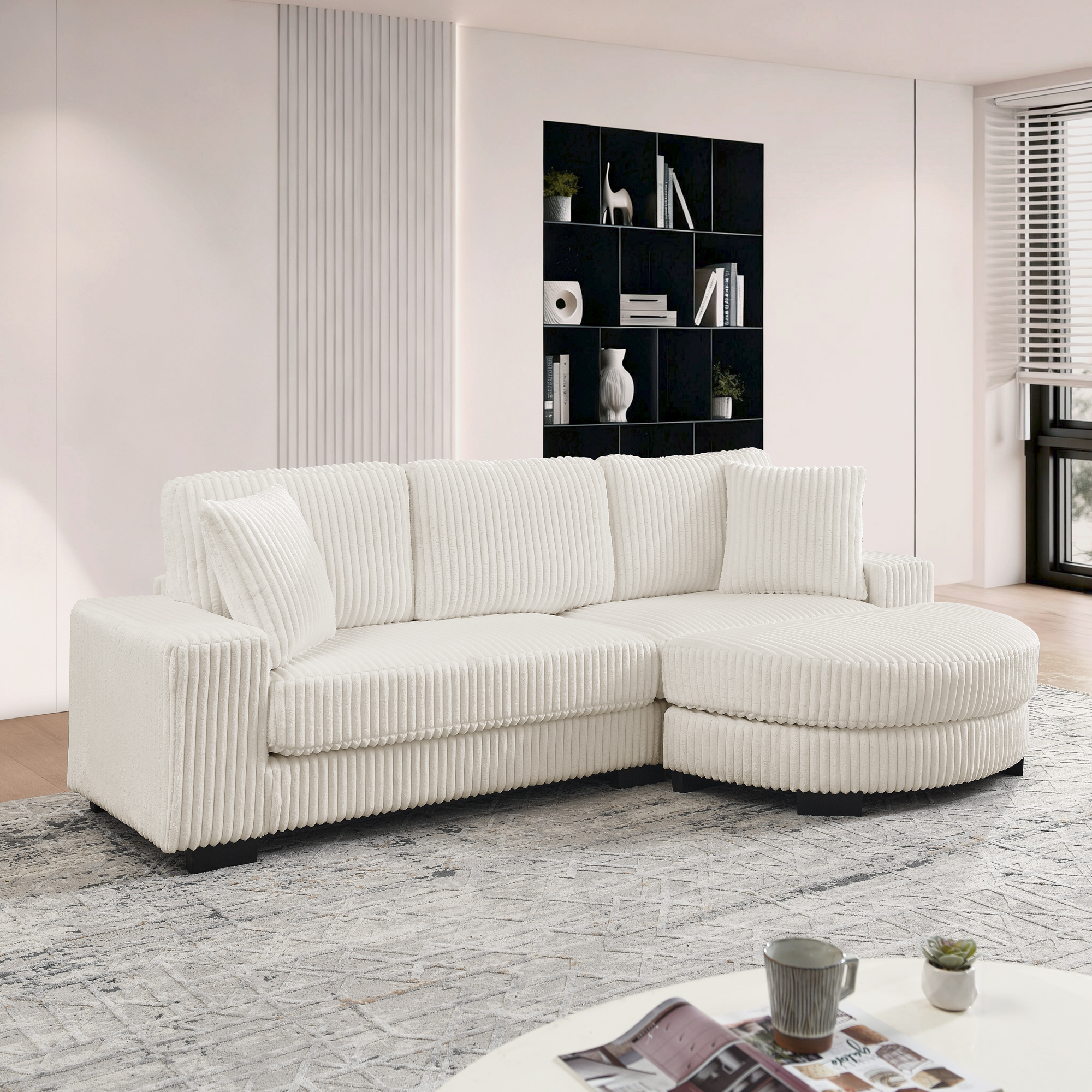 Canapé d’angle en L beige 4 places en velours côtelé avec pouf ovale et 2 coussins