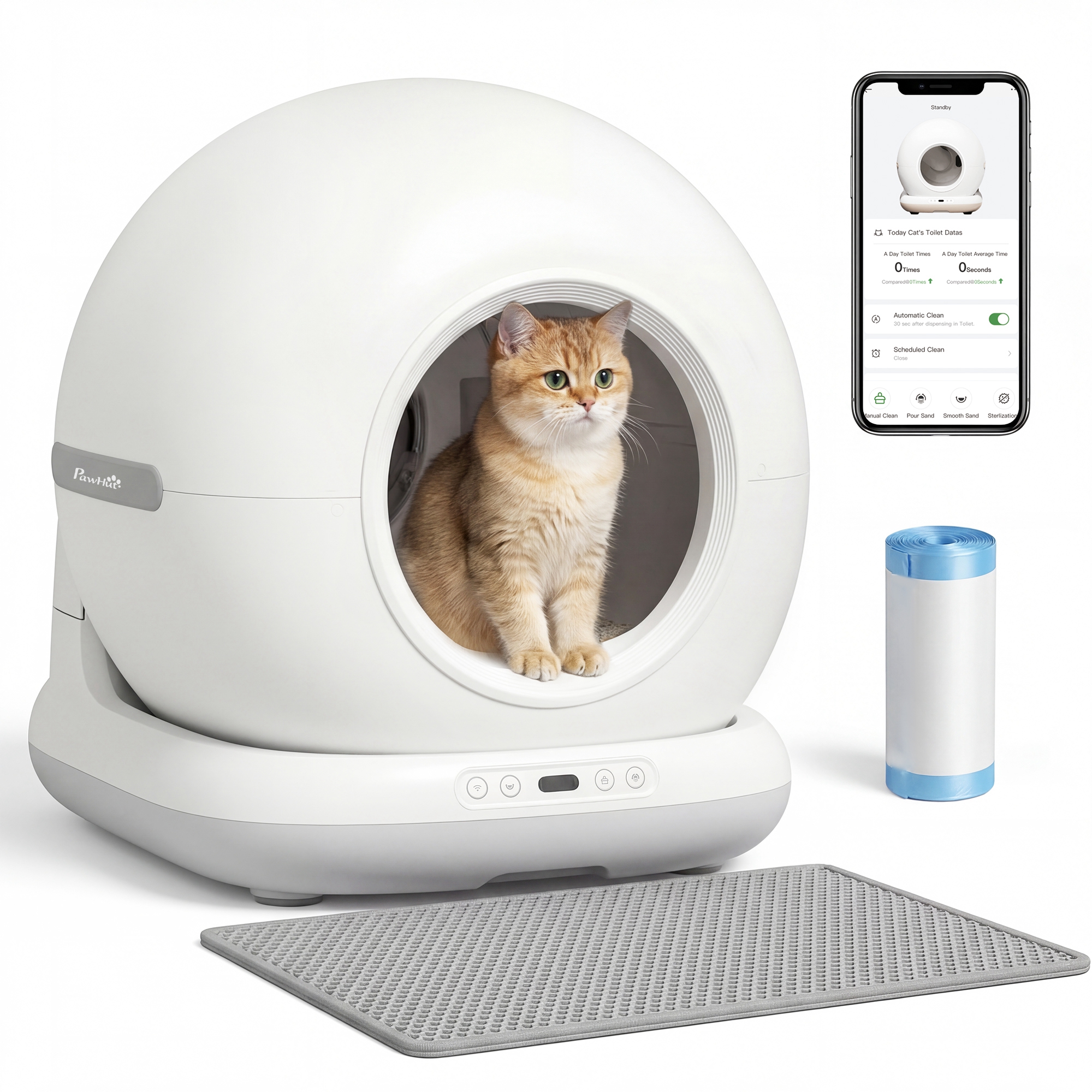 PawHut Arenero Gatos Autolimpiable 72L, Extragrande, Arenero Autolimpiable, Control por APP, Control de Olores y Ruido, Sensores de Seguridad, Gel Desodorante, Alfombrilla y Bolsas de Basura