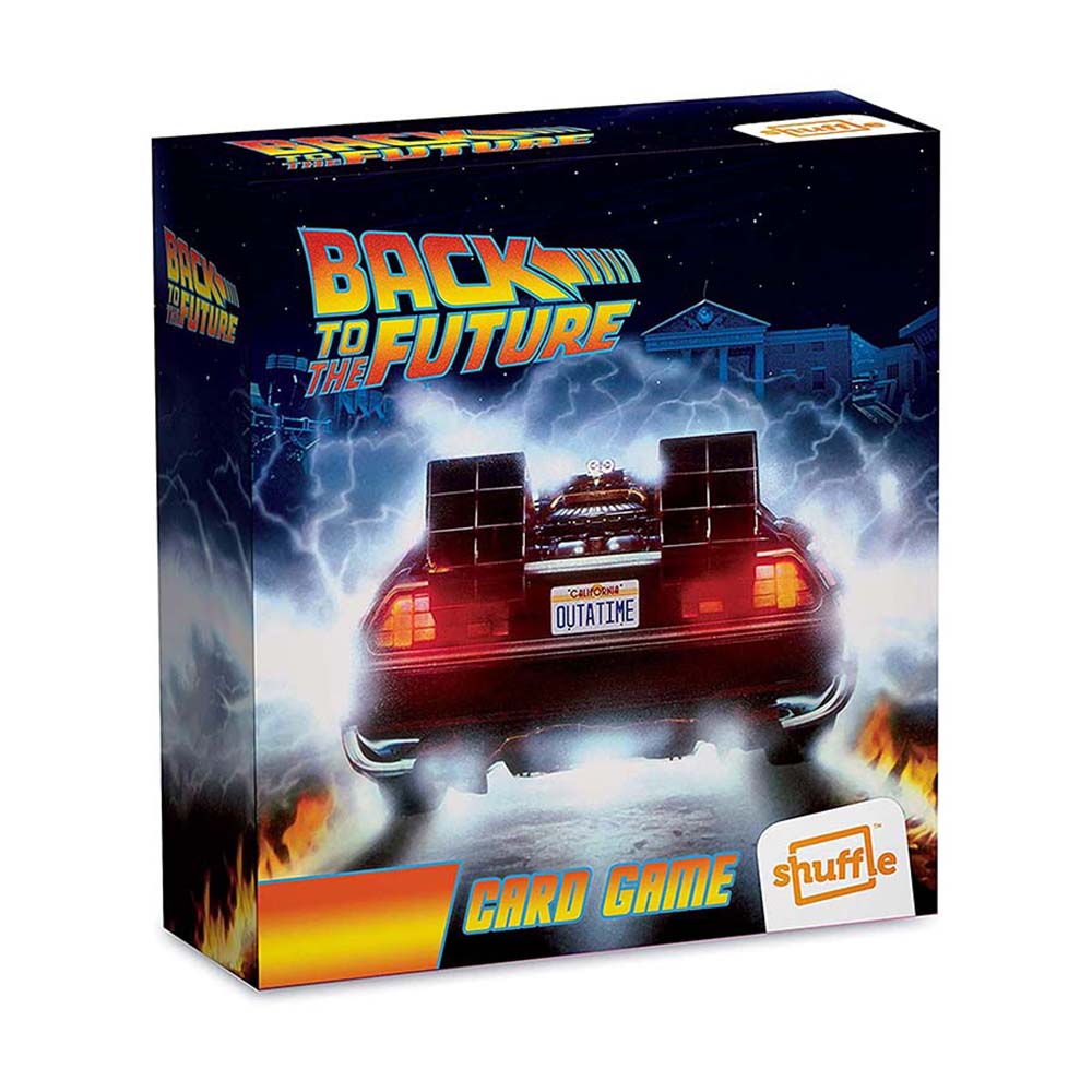 Cartamundi Shuffle Regreso al futuro Basada en la película Juego de mesa retro Instrucciones multi idioma Incluye baraja de 110 cartas De 2 a 4 jugadores A partir de 8 años Partidas de 25 minutos Nostalgia