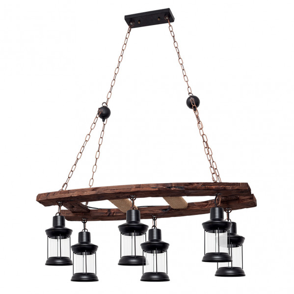 Lámpara colgante rustico "Finca" de seis luces 6xE27 IP20 60-90x78x40cm color negro y madera