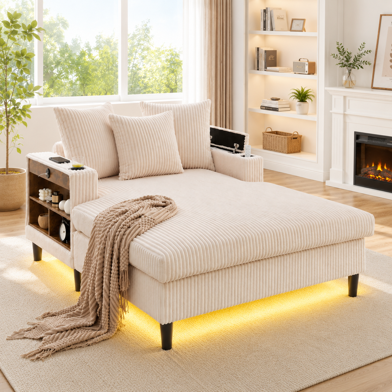 Chaise longue beige en velours côtelé avec LED, rangements et porte-gobelets