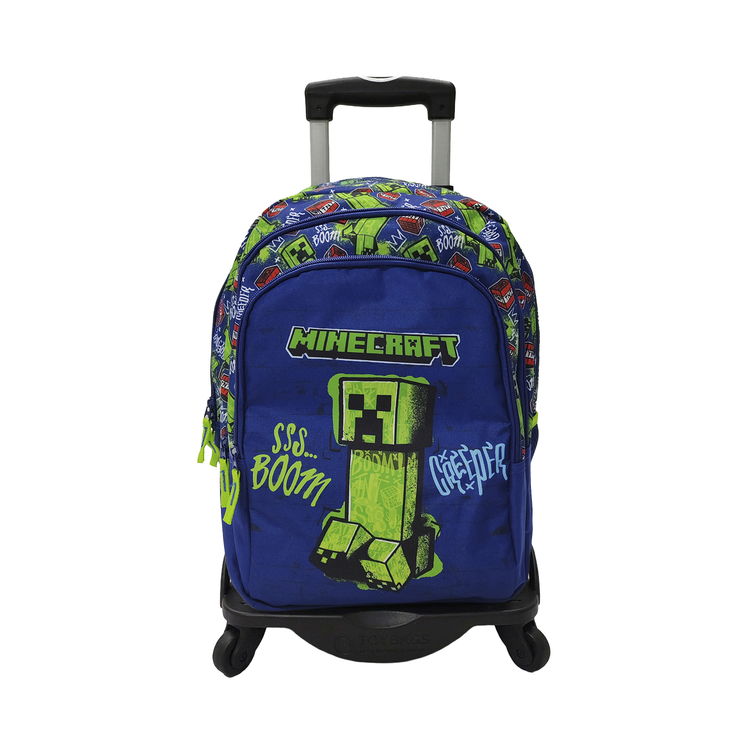 Mochila Primaria Minecraft Boom Creeper doble compartimento + carro con protección lateral y stoper frontal, 4 ruedas multidireccionales.