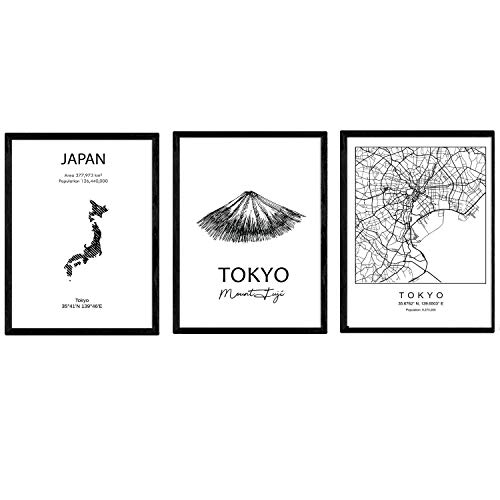 Nacnic - Pack de Posters de Países y Monumentos - Mapa Ciudad Tokio - Monumento Monte Fuji - Mapa Japón