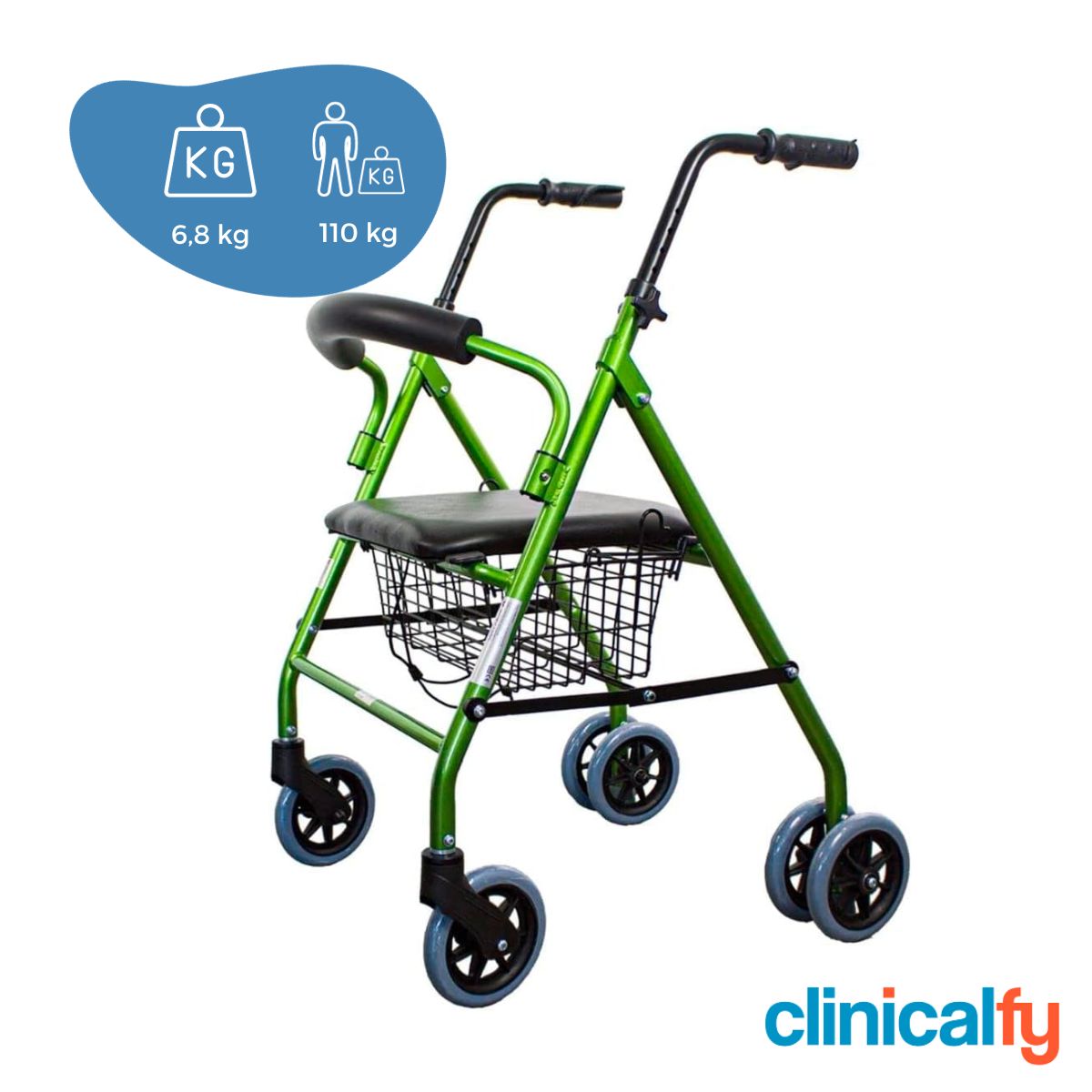 Andador Plegable Clinicalfy Paterna Asiento y Respaldo Incluye cesta Aluminio Ortopédico para Adultos con Frenos