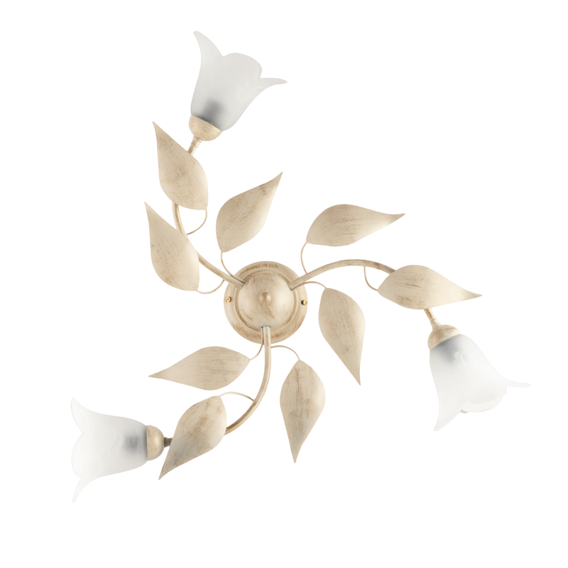Olga - Lámpara de techo en hierro lacado marfil con decoración. Difusores de oro antiguo y cristal d. 14 alabastro blanco 3 luces H.20 - Ø67 - Belight