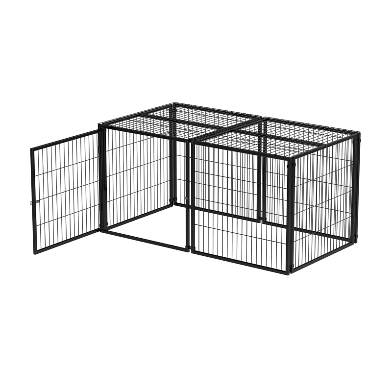Parc modulable noir pour chien avec structure métallique, couvercle sécurisé, porte repositionnable et tapis de protection