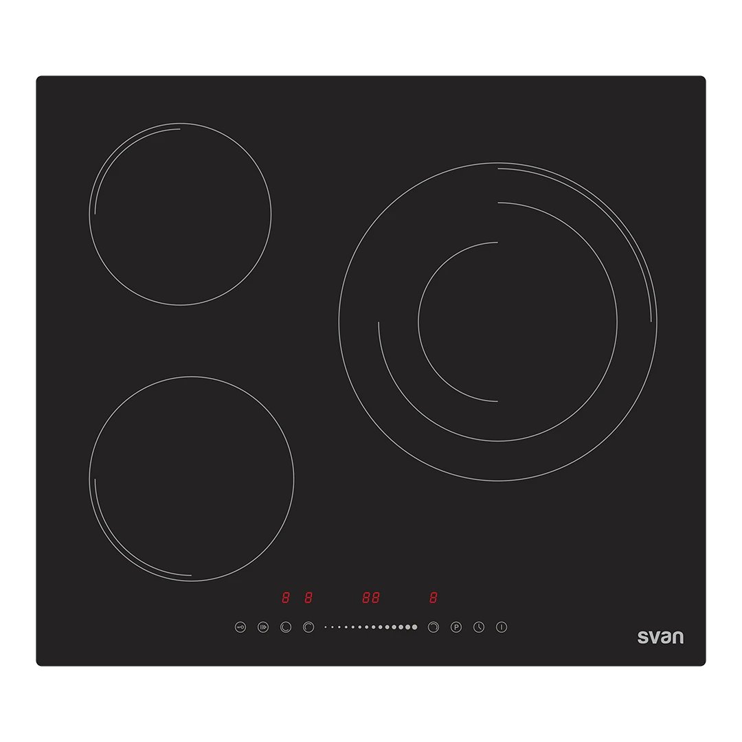 Placa de Inducción 60cm SVAN SI3603S  | 3 Zonas, Fuego 28cm, 6680W, Cristal negro, Slider, Keep warm, Stop&Go