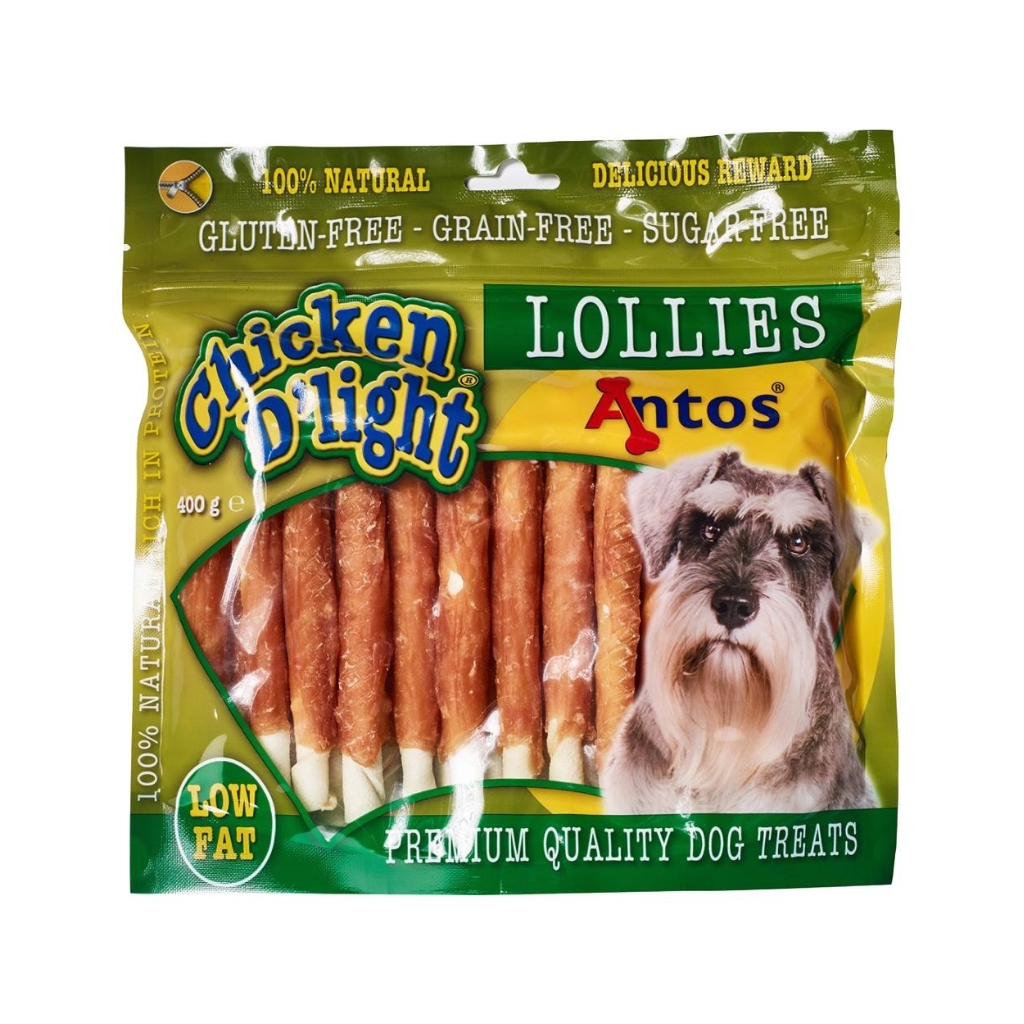 ANTOS Chicken D’light Lollies (400 gr) Pollo y Buey - Snack Natural para Perros Palito de Cuero Premium Envuelto en Pollo Sin Gluten y Sin Cereales (Todas las Edades)