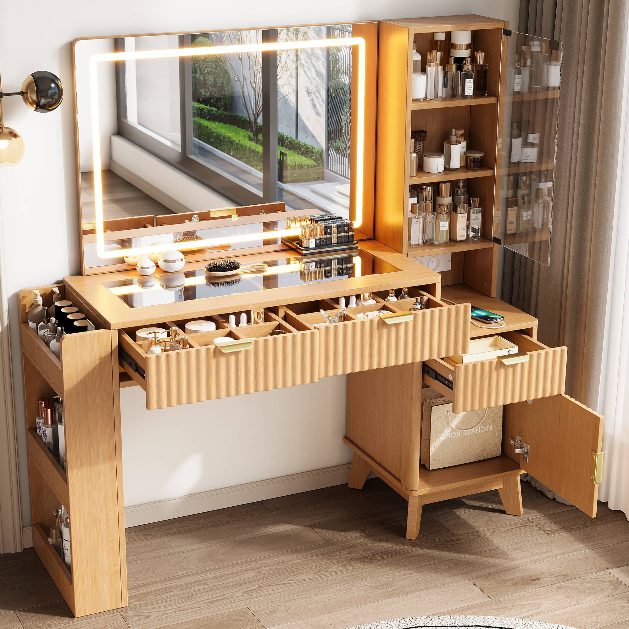 Coiffeuse couleur bois naturel avec miroir LED, prises, ports USB et Type-C, tiroirs et étagères en verre