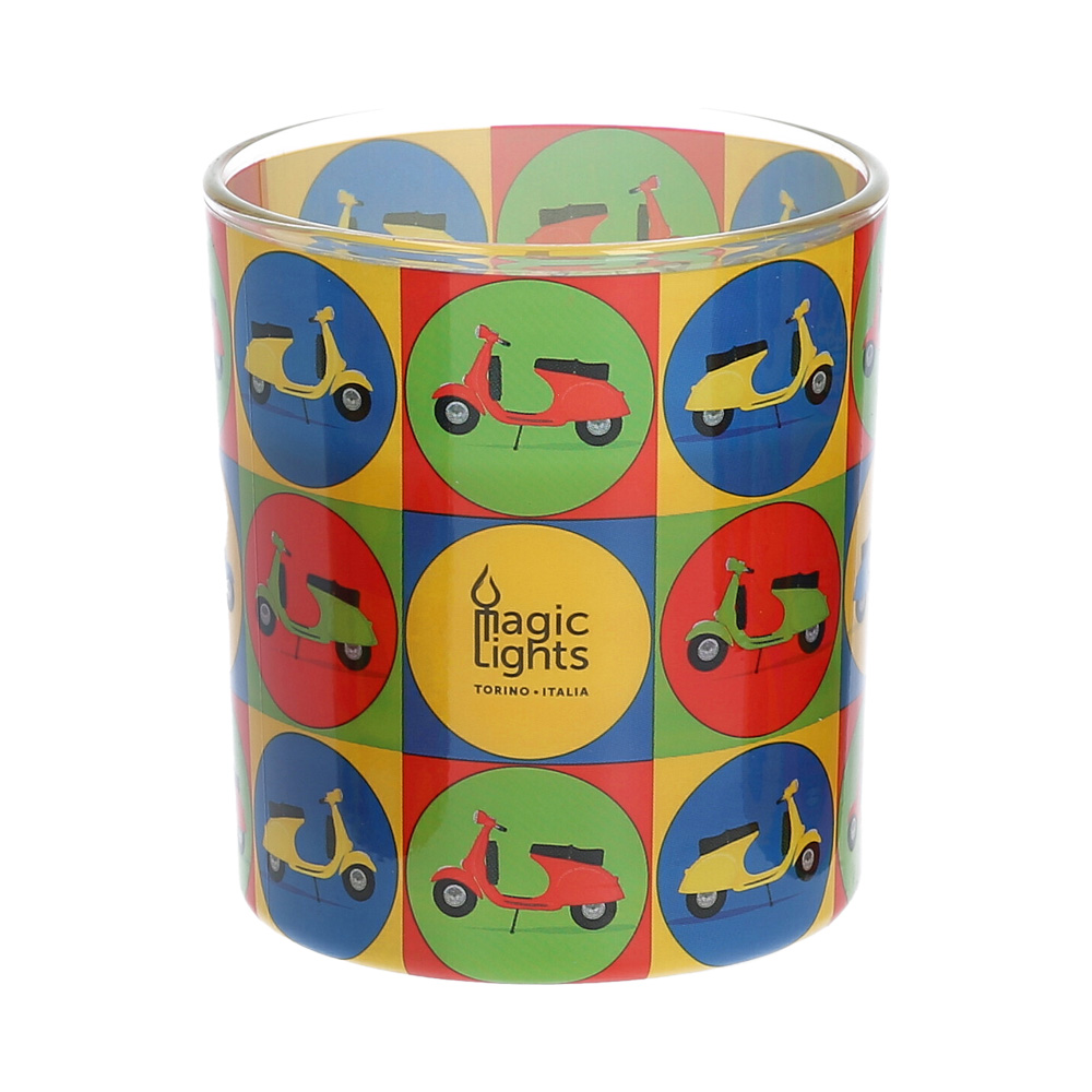 Vela en vaso pop art ø7,5cm al.8,4cm moto magic lights