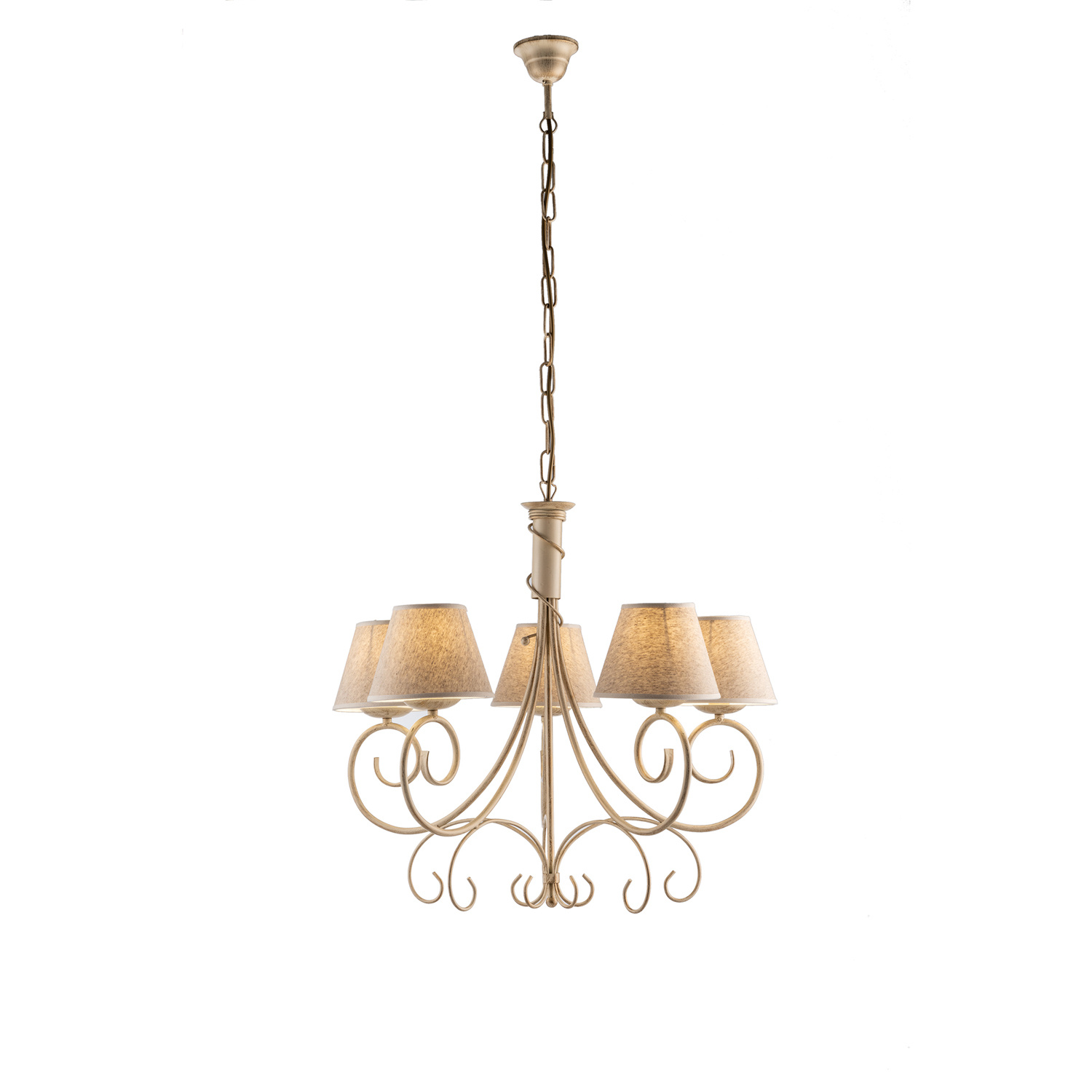 Candelabro 5 luces Viena marfil hierro y oro con pantallas de PVC