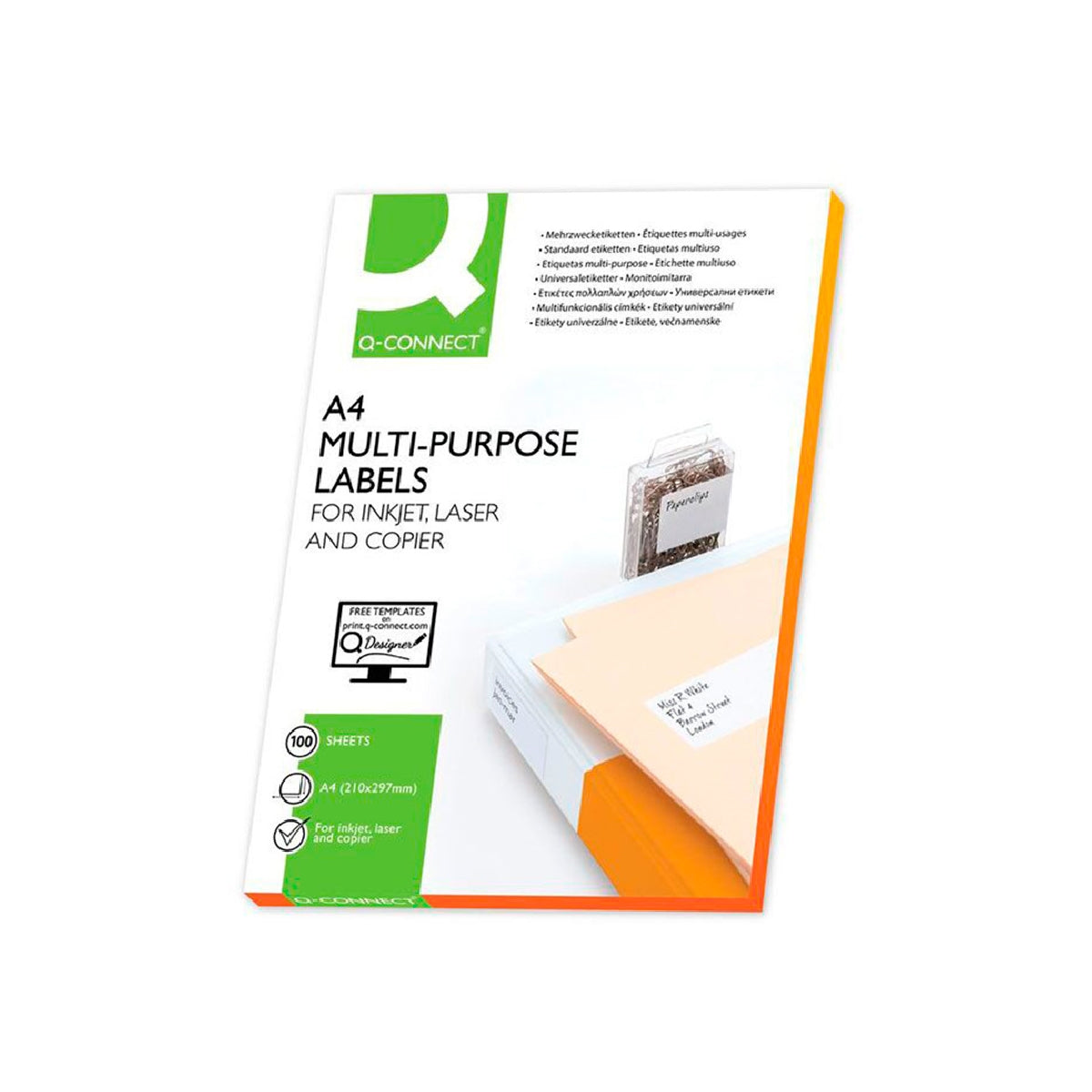 Q-CONNECT KF10660 - Caja 100 Hojas DIN A4 de 4 Etiquetas Adhesivas 105x148.5 mm Copia Laser InkJet Blancas
