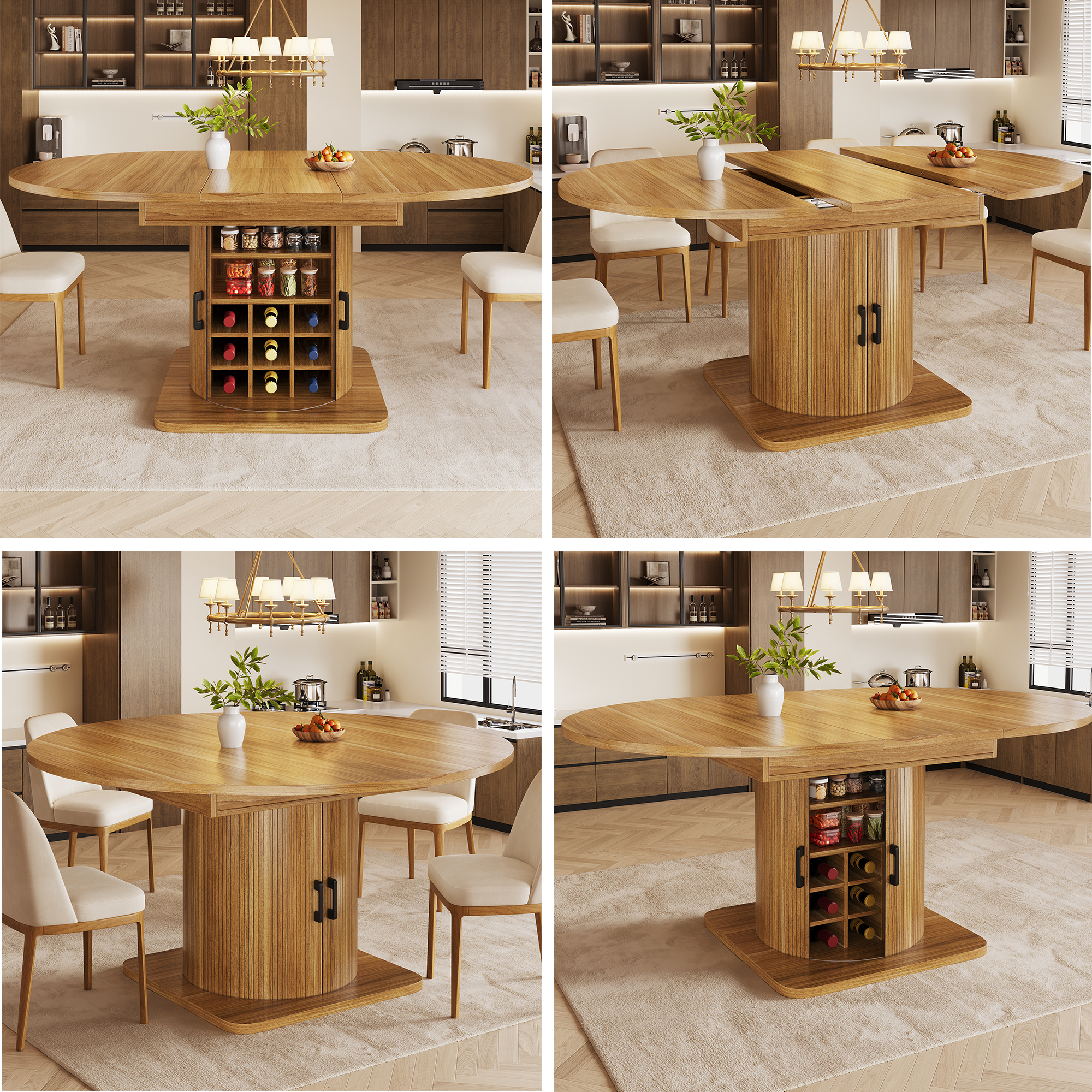 Table à manger extensible marron foncé avec rangements intégrés, étagères amovibles et porte-verres