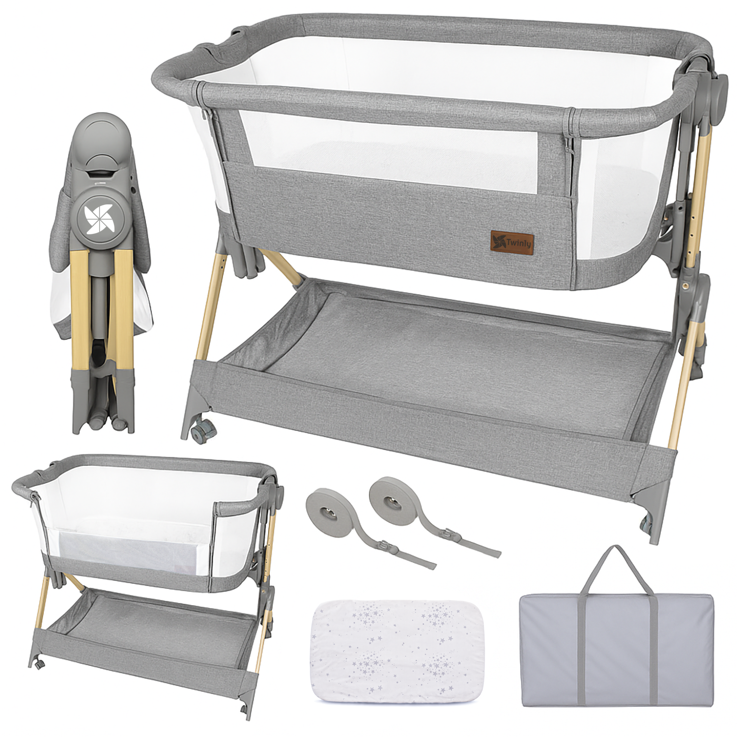 Twinly - Cuna Colecho bebé Minicuna Viaje portátil, fácil Plegado Compacto Altura Ajustable 5 Posiciones, Nacimiento 0+ hasta 6 Meses Comfortly – Bolsa Transporte, colchón, Cesta, sin Montaje
