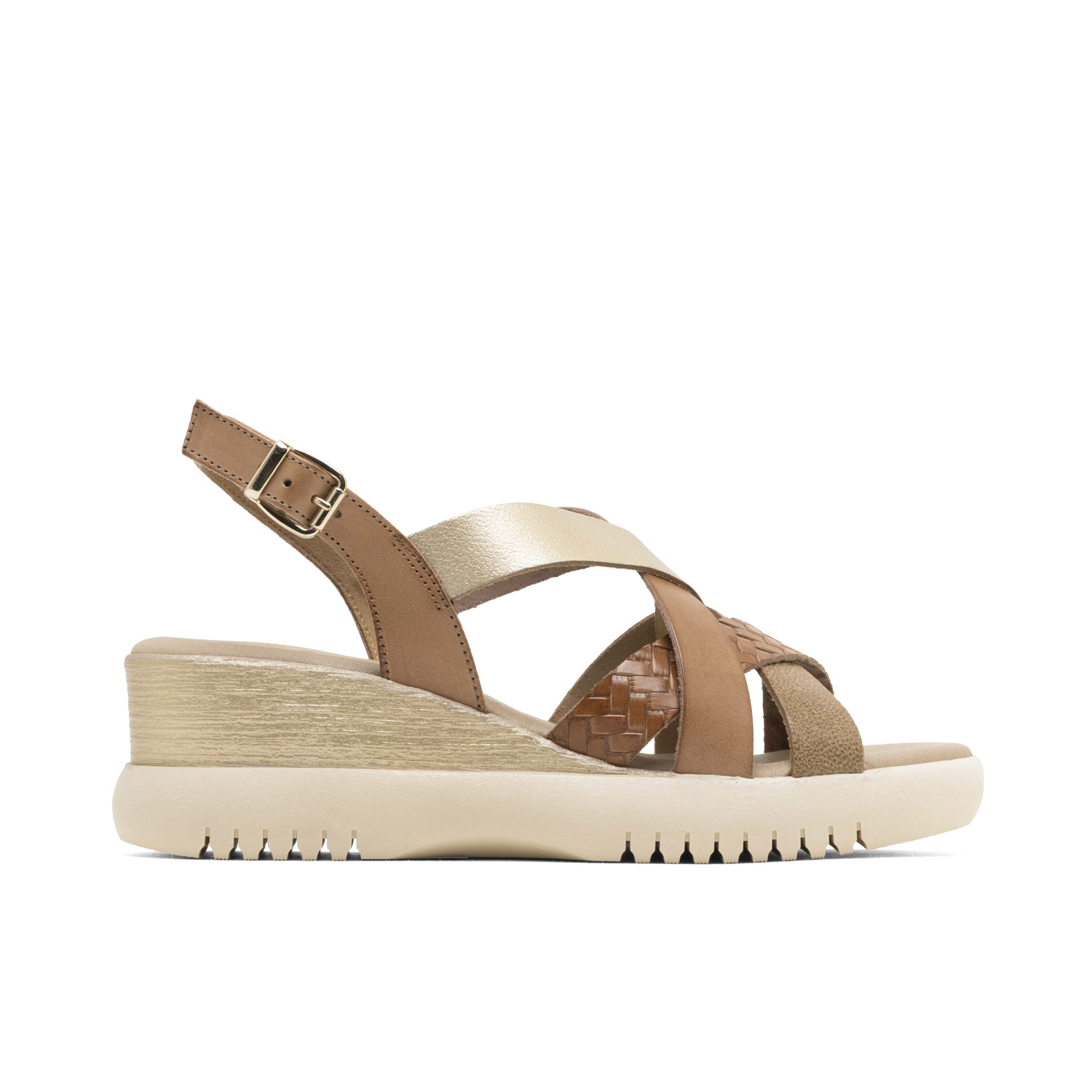 Sandalias de Cuña Elisa Taupe Oro: Elegancia y Comodidad en Cada Paso - Plataforma de 3 cm y Cuña de 6 cm - Pulsera Ajustable con Hebilla - Combina Tonos Metalizados y Materiales de Calidad - Suela An