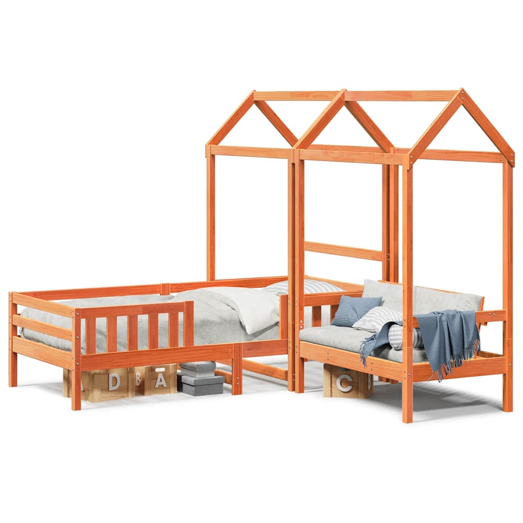 vidaXL Set de cama y banco con techo madera pino marrón cera 75x190 cm