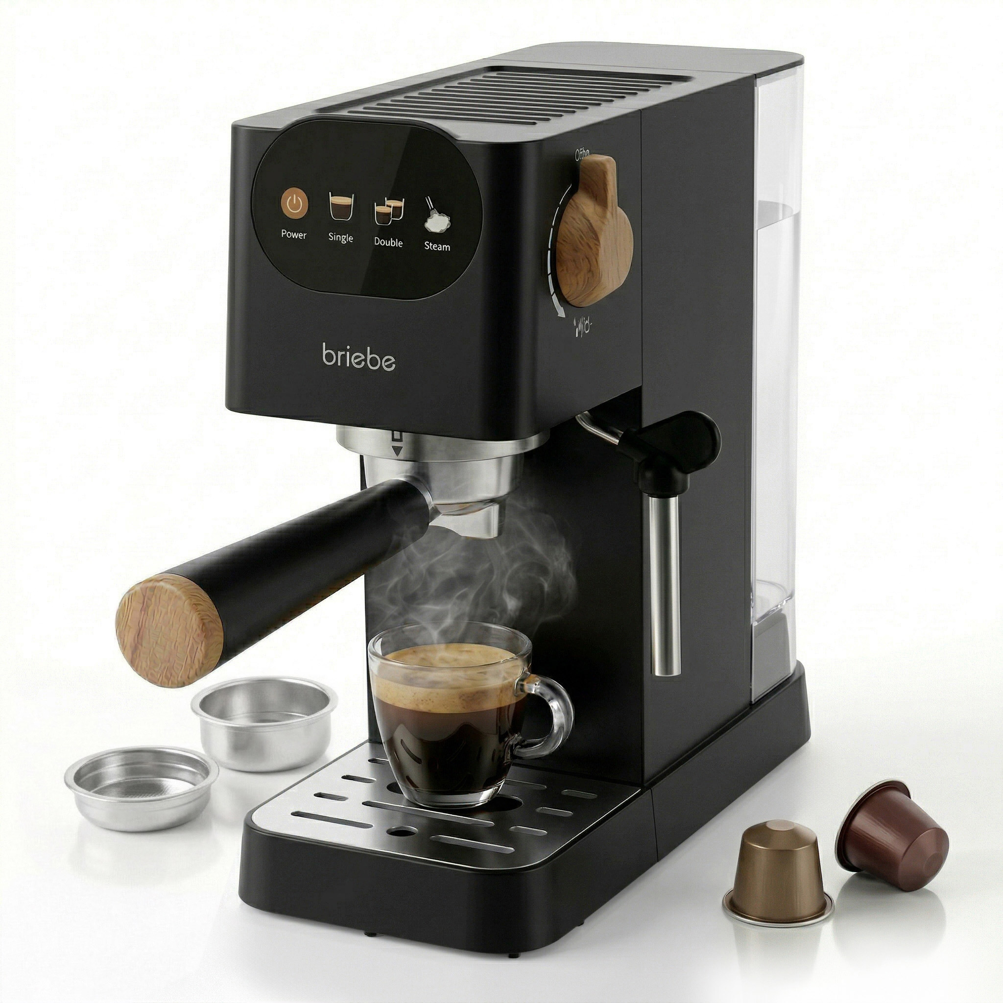 Briebe EC1180BLK Nordic Cafetera Espresso 20 Bares Compatible Cápsulas Nespresso y Café Molido Espumador Leche, 1350W, Negro