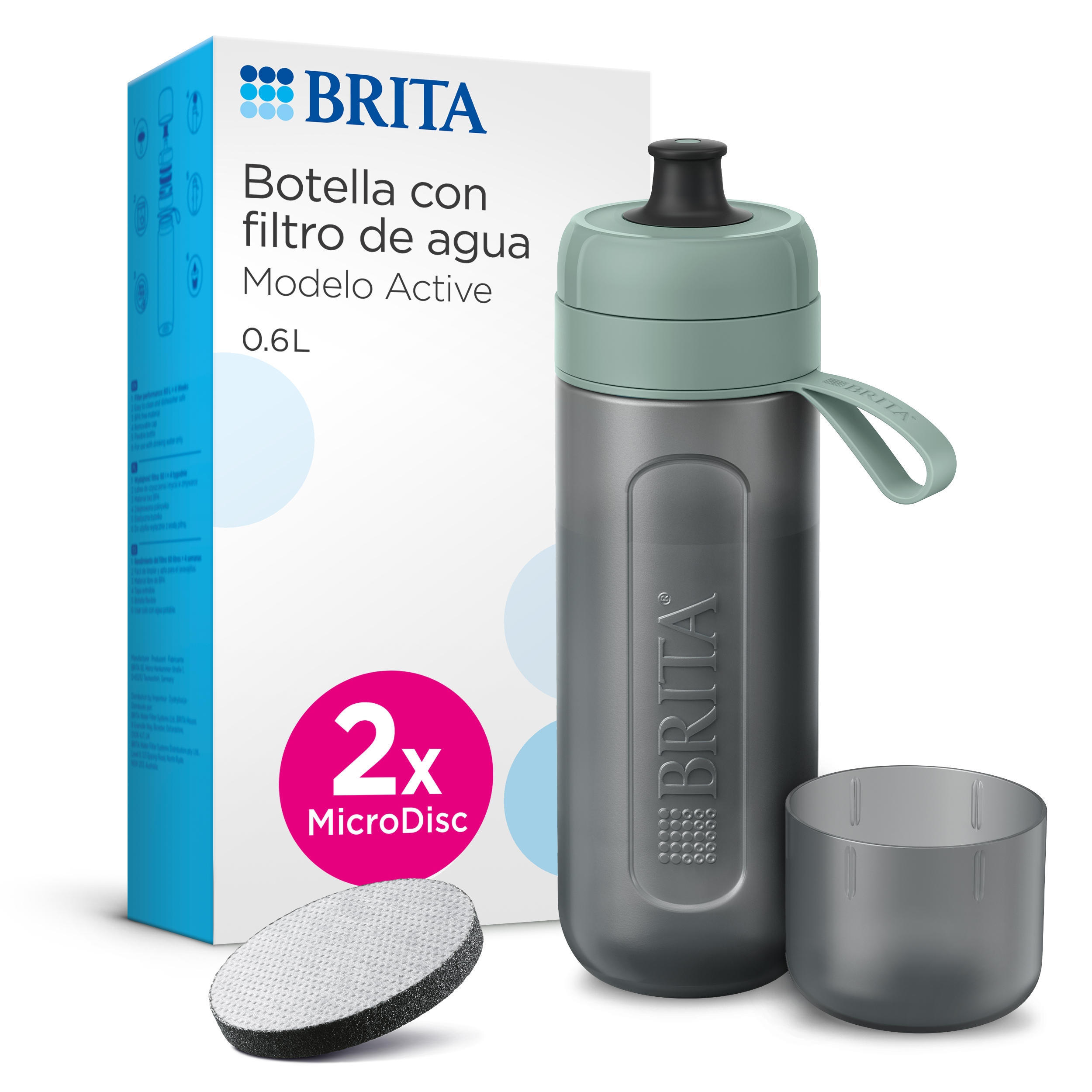 BRITA Botella Deportiva Mod. ACTIVE Verde Oscuro (600ml)_ Inclyye 2 filtros MicroDisc_ flexible sin BPA_ filtra cloro_ impurezas_ hormonas_ pesticidas y conserva minerales
