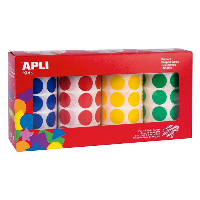 APLI ROLLOS DE GOMETS REDONDOS 20MM COLORES SURTIDOS 4 UNIDADES GOMETS 23x6x11 Cms.