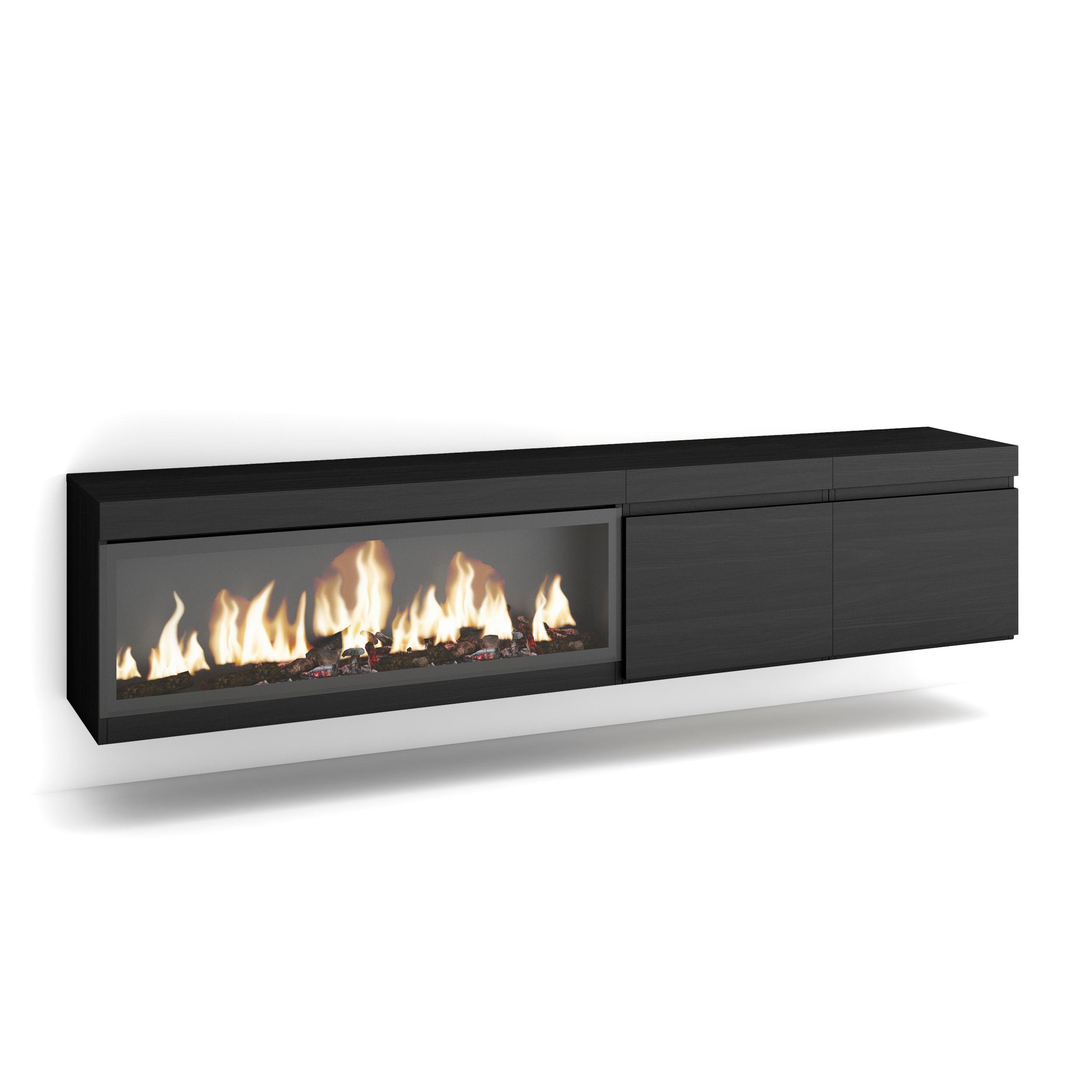 Skraut Home, Mueble Televisión, 208x35x45cm, Fuego Led XXL efecto 3D, Veteado de madera, Tacto poroso de alta calidad